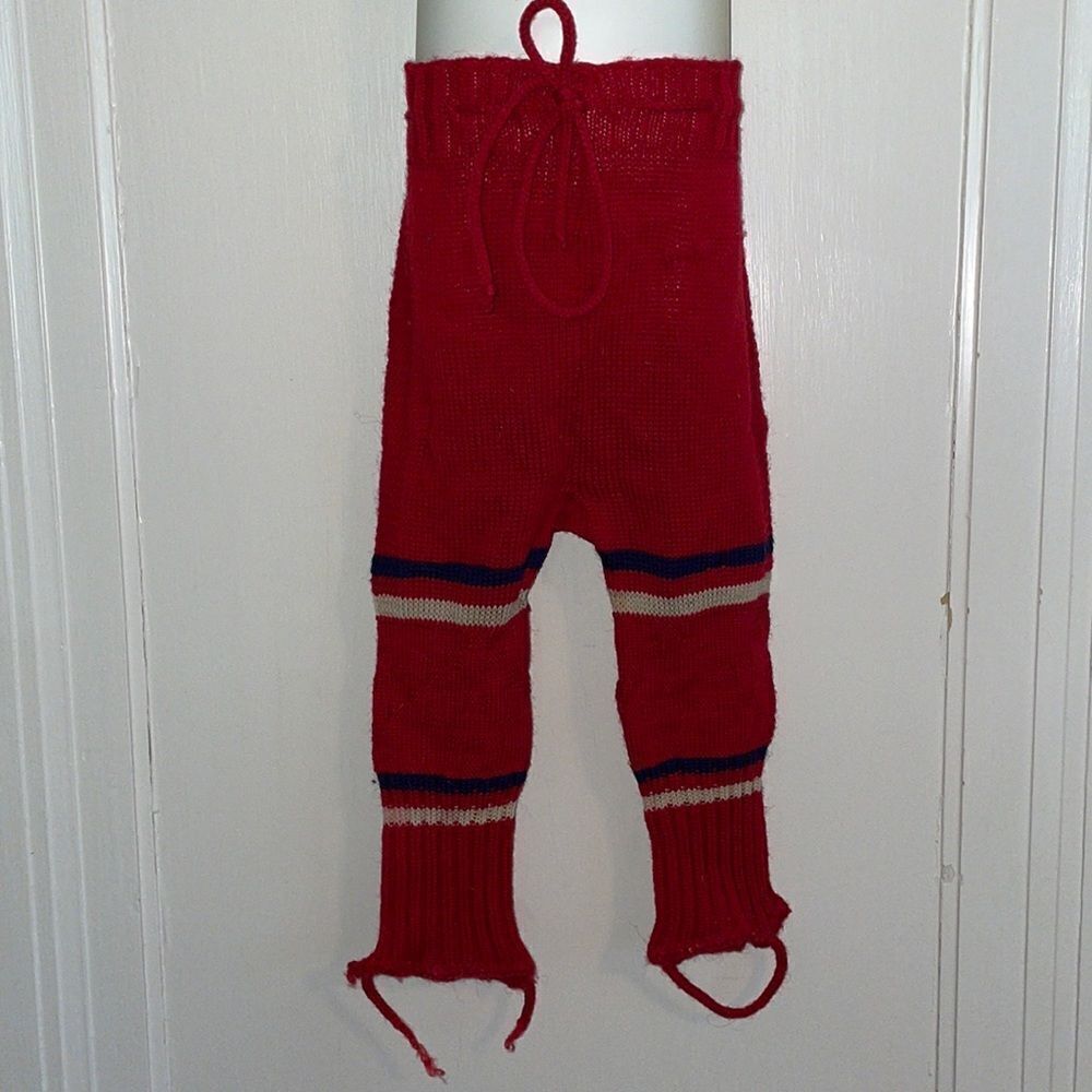Vtg red, white &‎ blue knit wool yarn unisex winter pants with stirrups